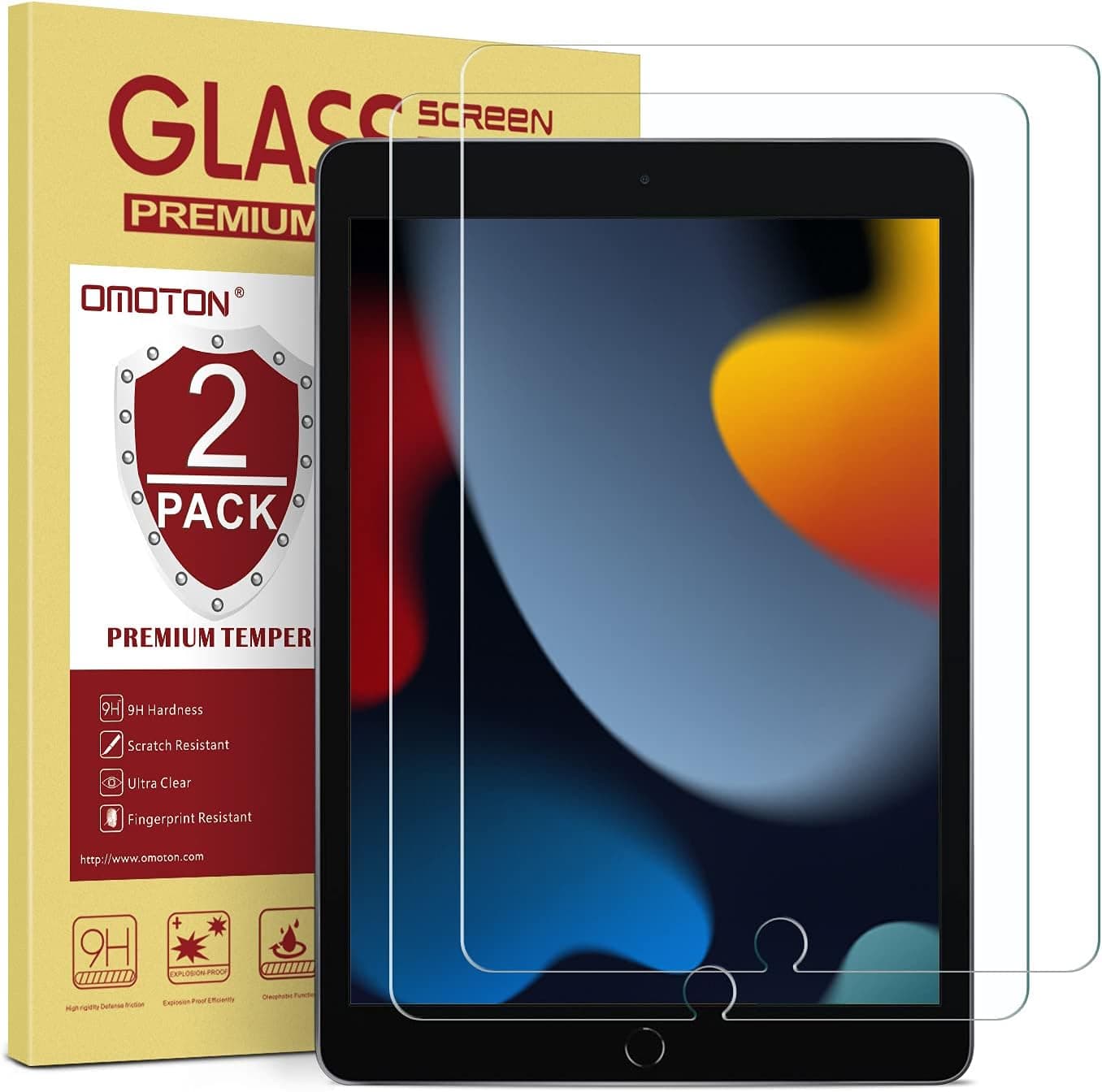 OMOTON [2 Pack] Screen Protector Compatible with iPad 9th 8th 7th Generation (10.2 Inch, iPad 9/8/7, 2021&2020&2019) Tempered Glass/Apple Pencil Compatible