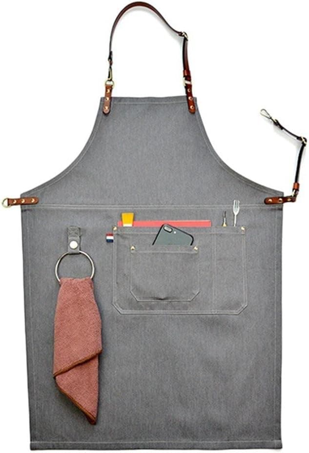 Big-sized Work Apron Stylish Durable Denim Coffee/Chef/ Workshop Apron Pockets and Pen Holder, Adjustable Waist Ties & Leather Neck Strap Tool Aprons for Women Men HSW053-B-US (M:54-80cm, #A)