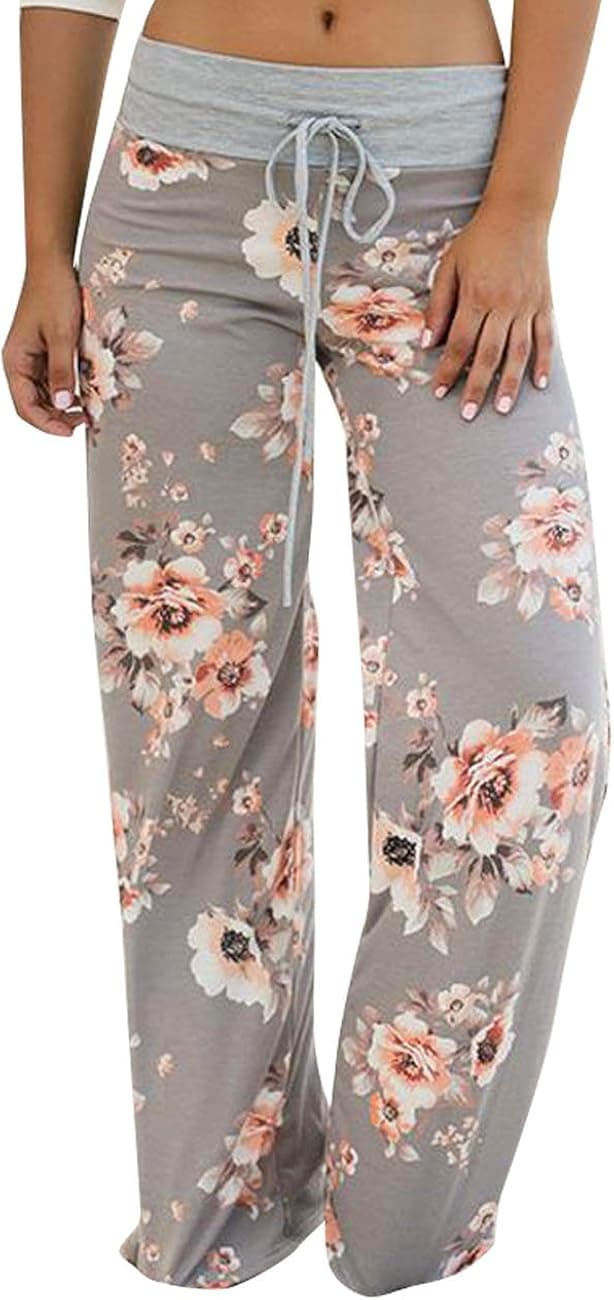 Assivia Women's Summer Casual Pajama Pants Floral Print Drawstring Palazzo Lounge Pants Wide Leg