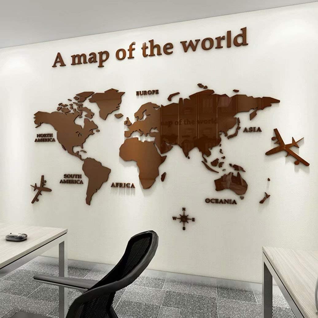 3D Wall Stickers - DIY World Map Wall Decal Sticker Murals Map Wall Décor for Living Room Bedroom TV Background Home Decorations(Brown,XXL: 280x174 cm)