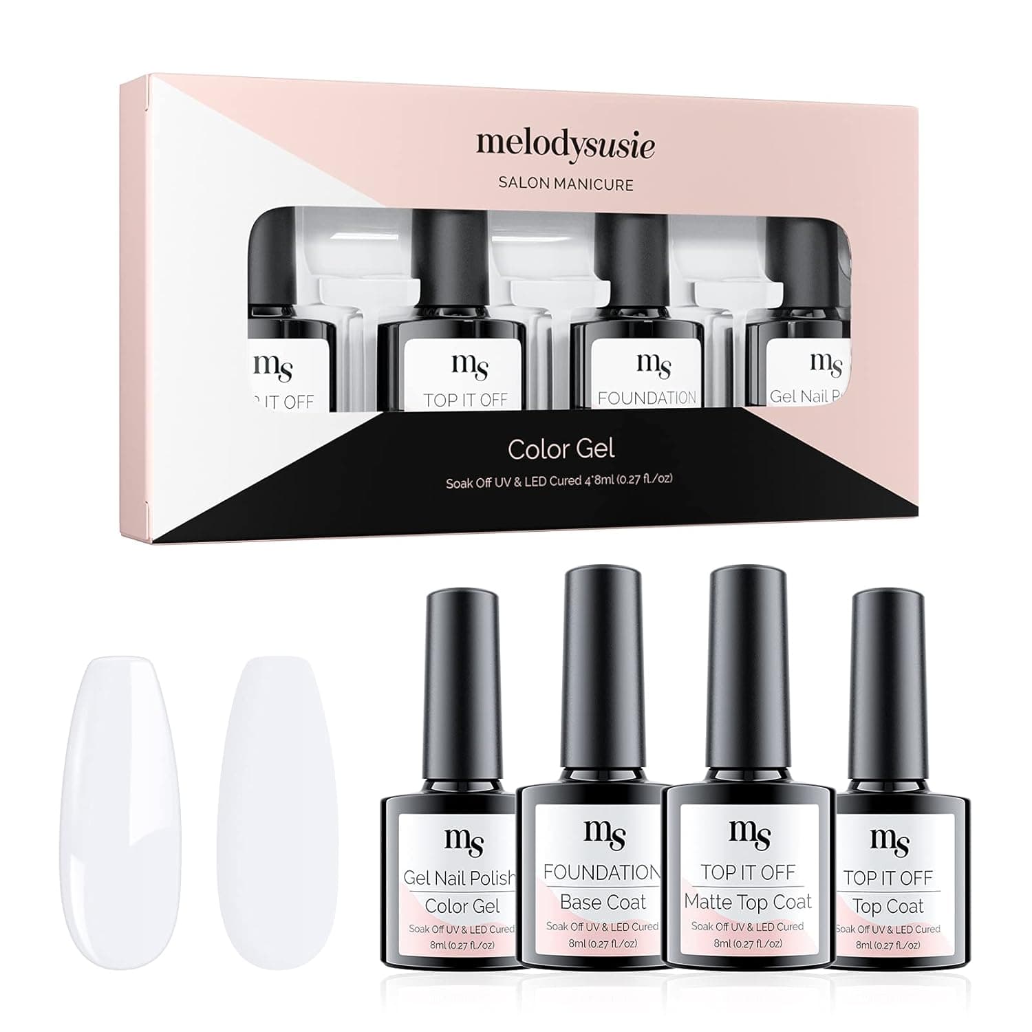 MelodySusie Gel Nail Polish Kit, 4Pcs 8ml White Colors with No Wipe Glossy & Matte Top Coat and Base Coat Set, Soak Off UV /LED for Nail Art Salon Nail Starter Gel Manicure Kit Christmas Nail Decorations