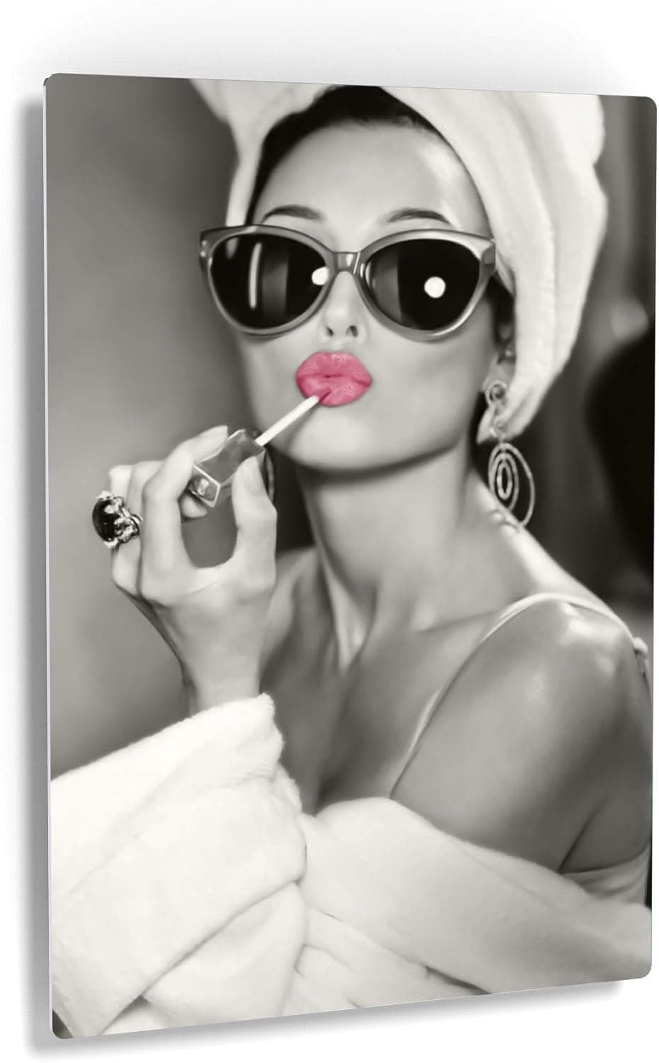 Smile Art Design Audrey Hepburn Wall Art Pink Lips Metal Print Lipstick Makeup Iconic Pop Art Pretty Beauty Black and White Metal Wall Art Home Decor Artwork Gallery Ready to Hang Made in USA - 24x16
