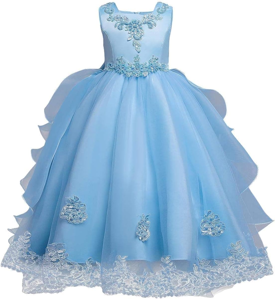 Girls Princess Tulle Lace Flower Pageant Dress Puffy Floor Length Wedding Bridesmaid Dress Party Tutu Maxi Gown