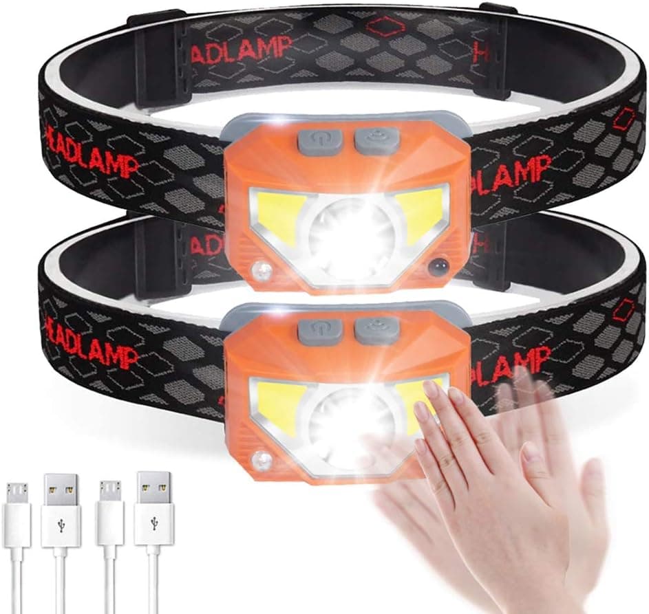 2 Packs Headlamp Flashlight 1000 Lumens USB Rechargeable Headlight, 8 Modes Work Light with Red Light and Motion Sensor, IPX4 Waterproof, Perfect for Camping, Running, Hiking, Fishing & More (Orange)