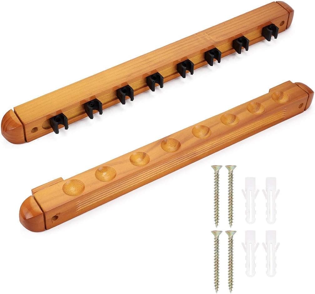 OwnMy 8 Cues Wooden Billiard Cue Racks Set 8 Pool Cues Wall Mount Yellow Finish Hardwood Billiard Pool Cue Sticks Racks Billiard Sticks Wall Racks with 8 Cue Clips