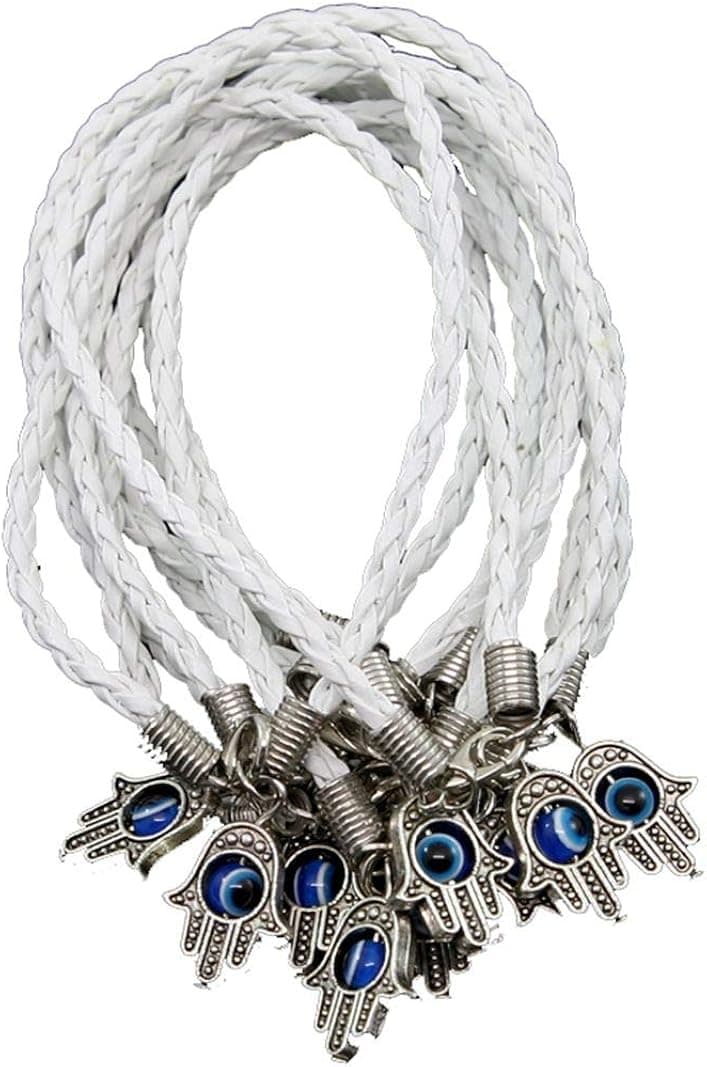 Lot of 10 - "Lucky" Hamsa Kabbalah Bracelets with White Braided String and Rotating Evil Eye Hamsa Hand
