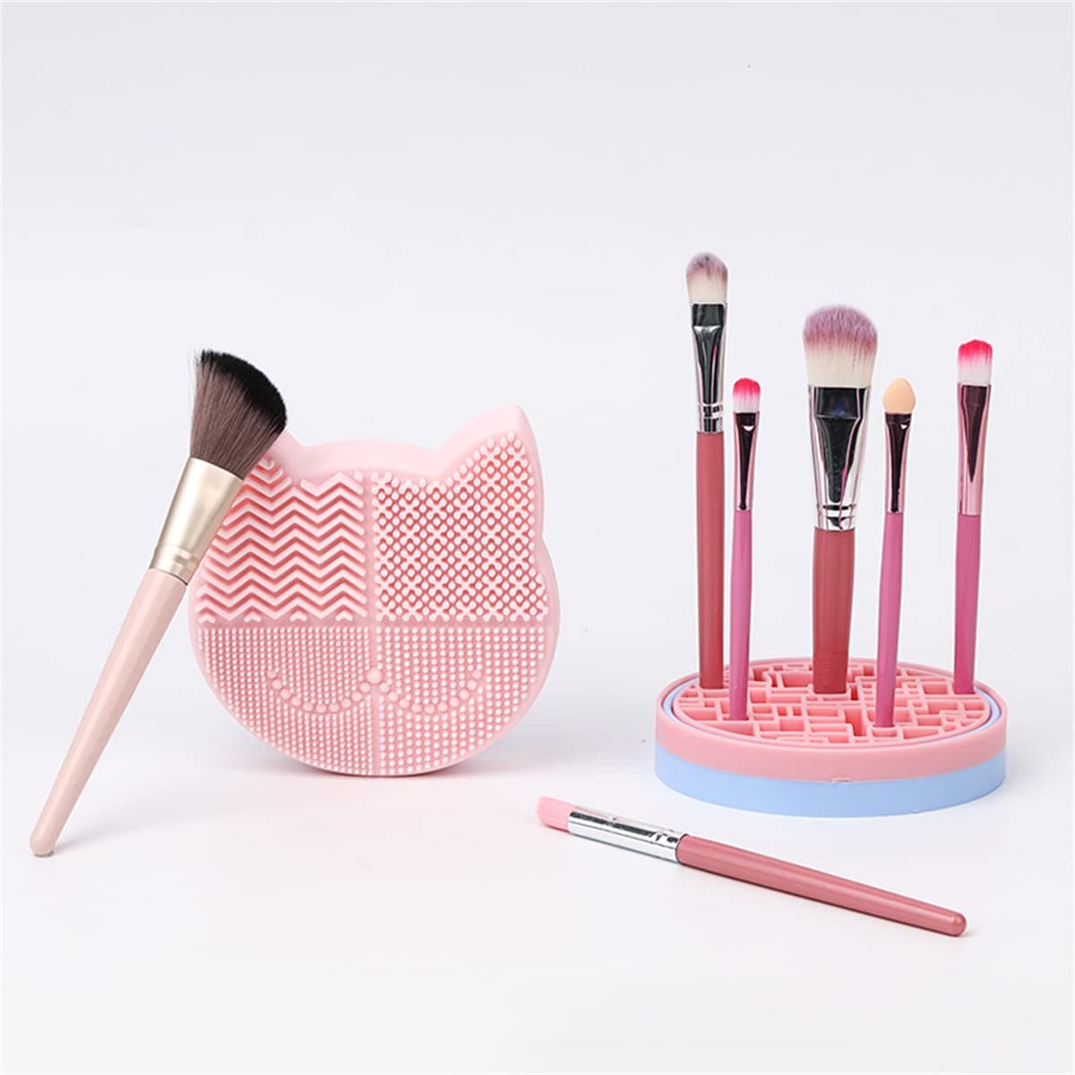 Silicone Makeup Brush Cleaning Mat 2 in 1 Design Brush Storage Holder JYHi Brush Cleaner Pad Cosmetic Brush Dry Organizer Protable Makeup Tool for Women Girls Cat Shape (Pink)