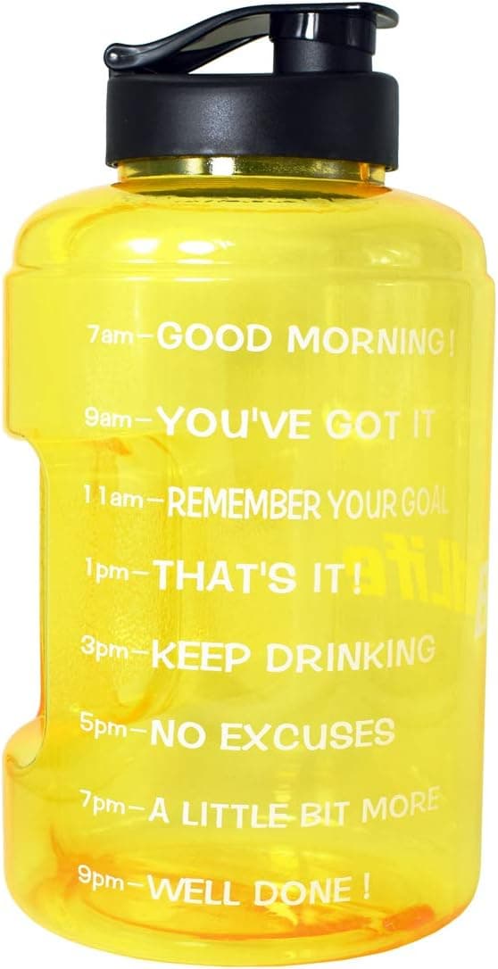 BuildLife 1 Gallon(128OZ) Sports Water Bottle Inspirational Fitness Workout Wide Mouth with Time Marker for Measuring Your H2O Intake BPA Free (1 Gallon, Yellow)