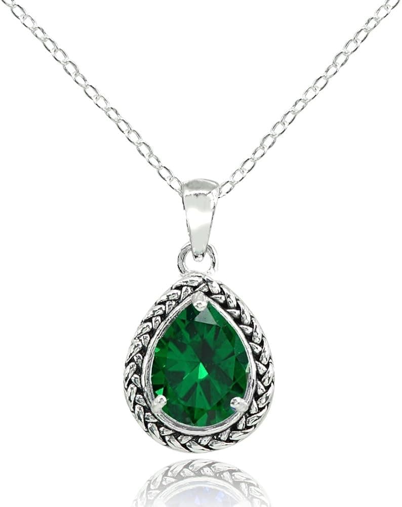 Ice Gems Sterling Silver Genuine, Simulated, or Created Gemstone Pear-Cut Oxidized Rope Pendant Necklace