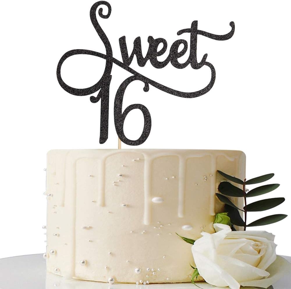 Black Glitter Sweet 16 Cake Topper -16th Birthday Cake Topper - Sweet Sixteen Party Themes Decoration Supplies