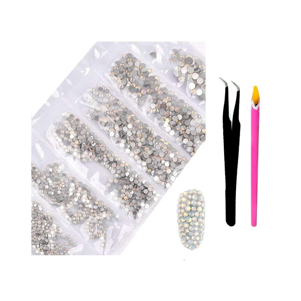 2800Pcs Nail Supplies Rhinestones - Crystal AB Nail Art 6 Mixed Sizes Round FlatBacks Rhinestones with Wax Rhinestone Pen Tweezers for Art Nails Decoration Face Makeup Clothes (Snow Protein Color)
