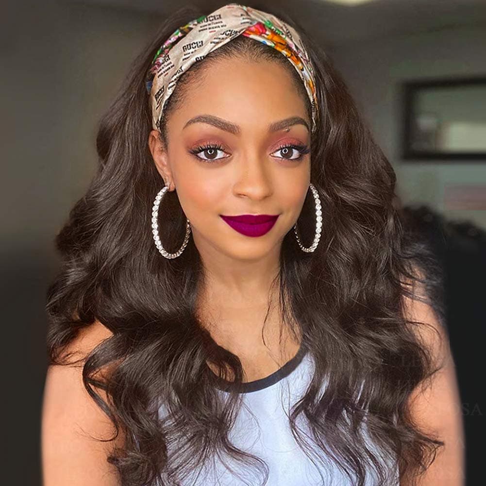 LEOSA Long Wavy Headband Wigs for Black Women, Synthetic Body Wave Hair Wig Easy to Wear Wig with Black Headband Natural Looking NONE Lace Replacement Wig Full Machine 24 inch (2#)