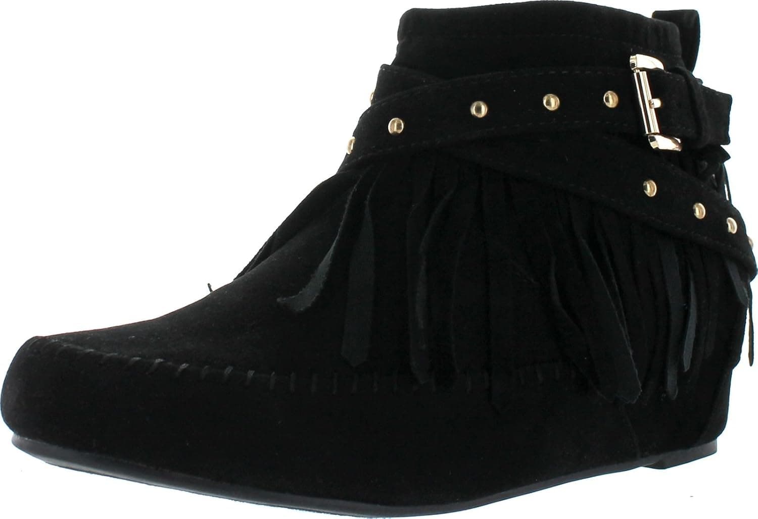 Bella Marie Campus-25 Women's Shiny Studded Criss Cross Side Zip Fringe Booties,Black,9