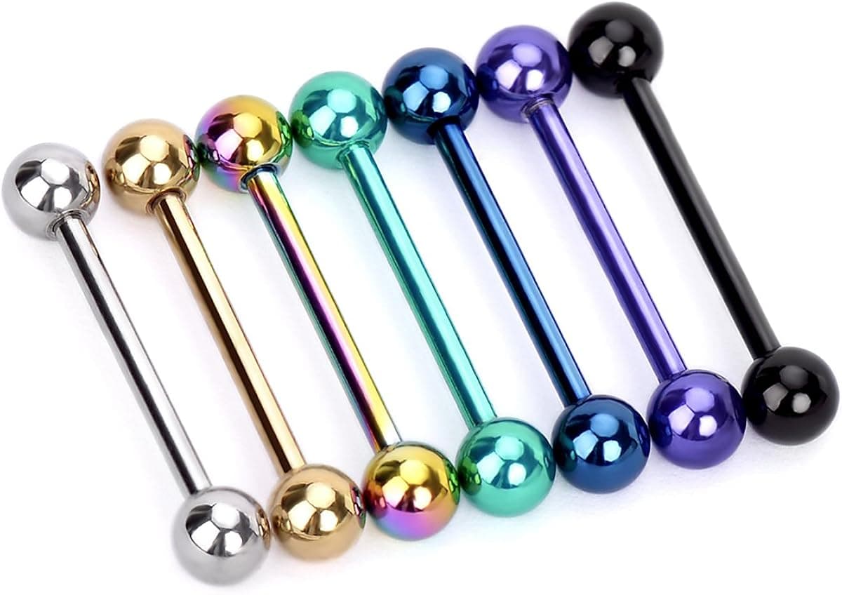 IPINK 14G~1/2", 5/8", 3/4" Titanium Anodized Surgical Steel Nipple Tongue Ring Barbell 8 Pieces