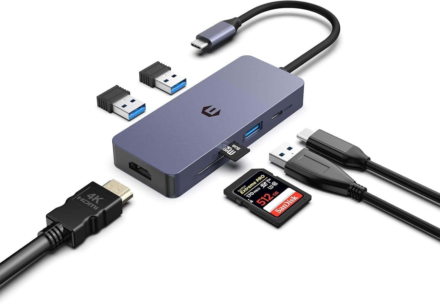 USB C Hub, 7 in 1 USB C to USB Adapter 4KHDMI Adapter Multiport Dongle (4K HDMI, 3 USB 3.0 Ports, 100W PD, SD/TF Card Reader) Compatible with Laptop, MacBook Pro, iPad and More Type-C Devices
