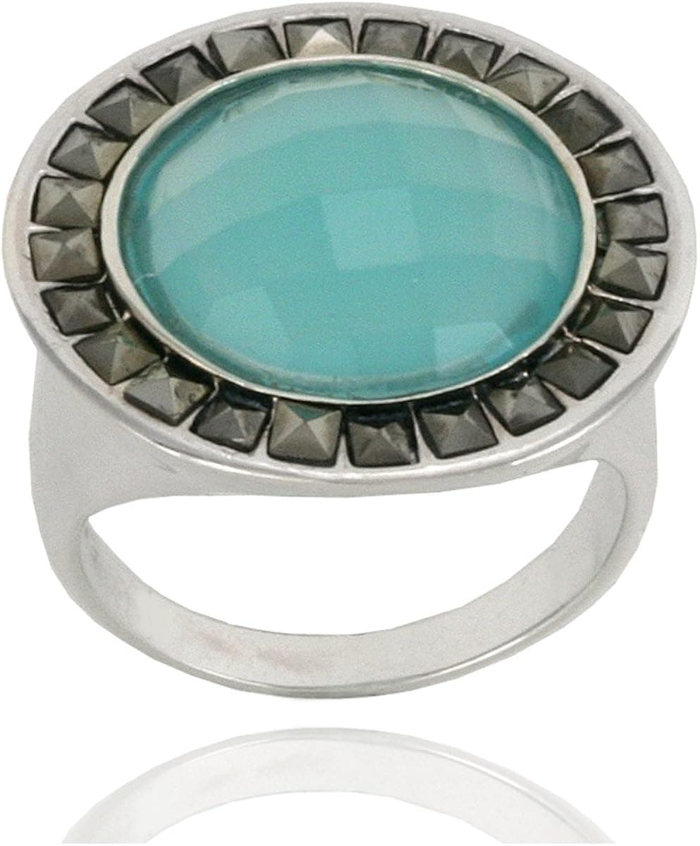 Amazon Collection Sterling Silver Marcasite and Faceted Apatite Colored Glass Round Ring