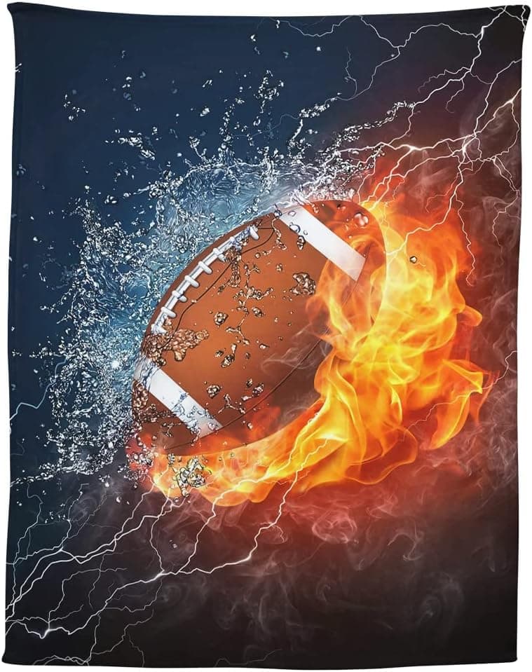 YISUMEI Soft Football Blanket, Red Flame and Blue Water Throw with Rugby for Sofa Bed Chair Use, 60x80 Inches