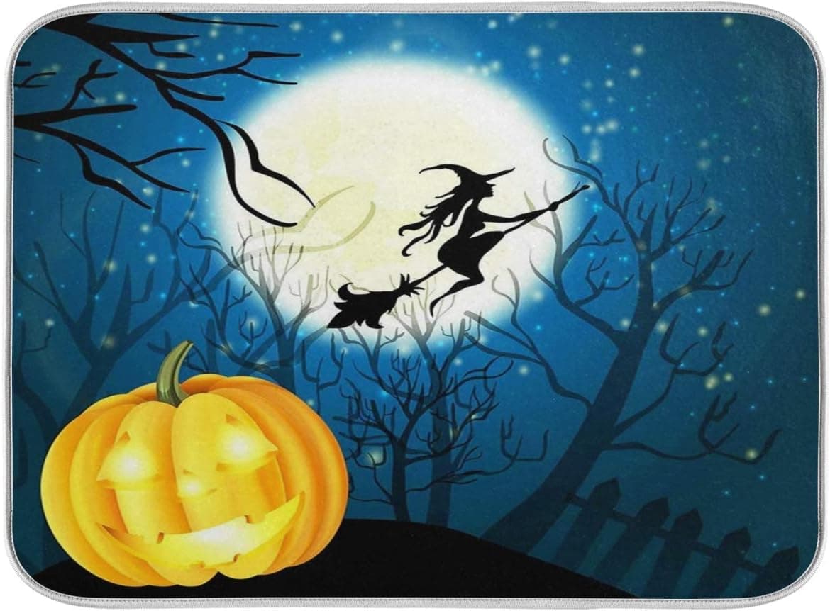Halloween Witch Pumpkin Dish Drying Mat for Kitchen Counter Winter Snow Moon Fall Pumpkins Absorbent Washable Drying Pad Countertop Drainer Mats and Protector Coffee Bar Mats 16x18 in