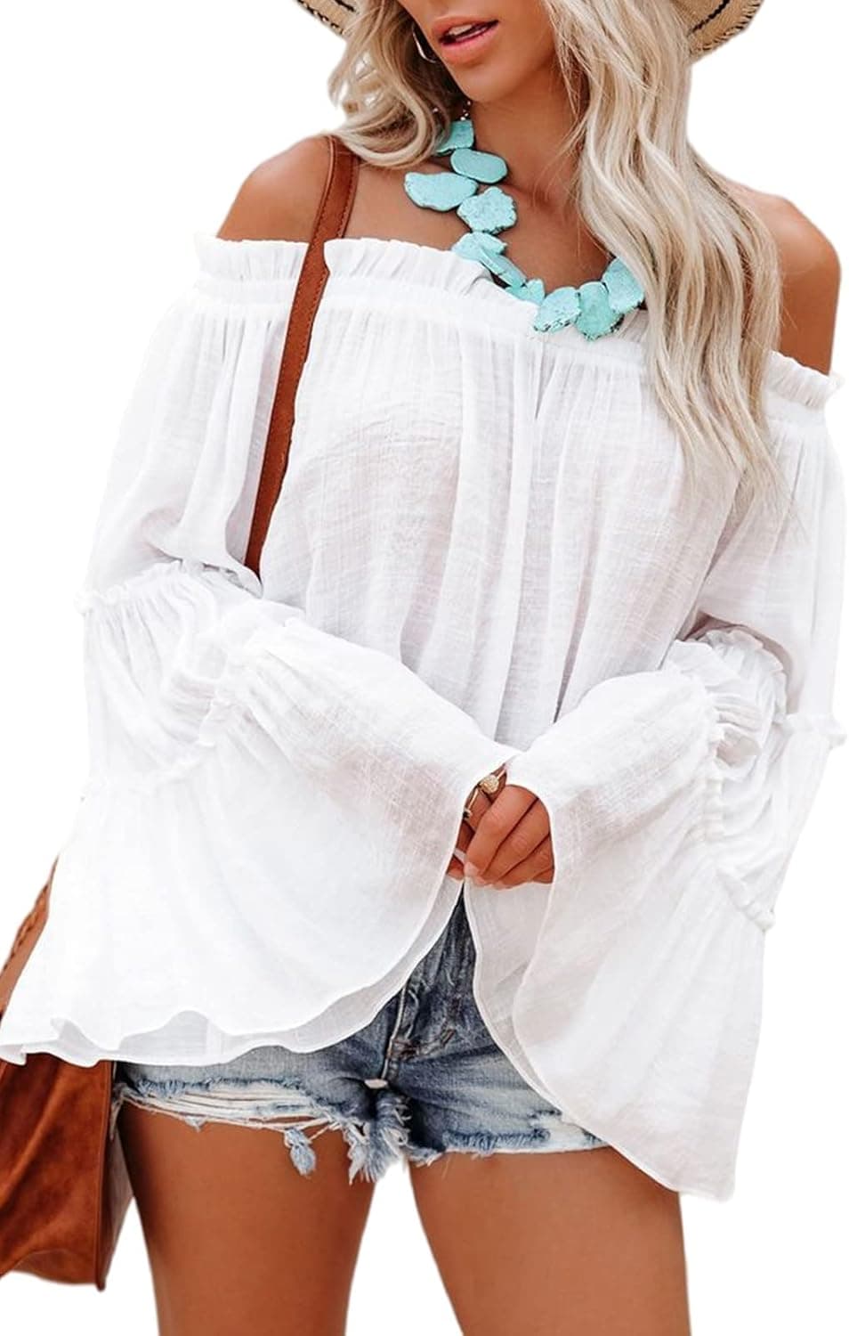 Women's Off The Shoulder Tops - Long Bell Sleeve Shirts Flared Casual Summer Loose Blouse White XL