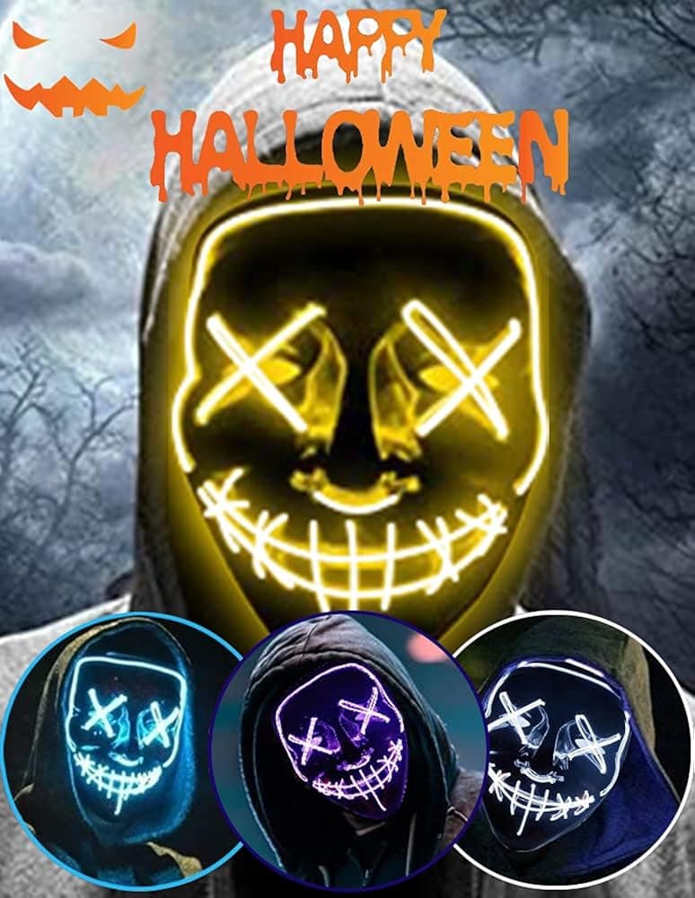Halloween Led Light Up Mask, Purge Mask, Scary Mask Cosplay Led Costume Mask for Kids, Men & Women with EL Wire Light up for Halloween, Festival Party, Masquerade, Carnival Yellow