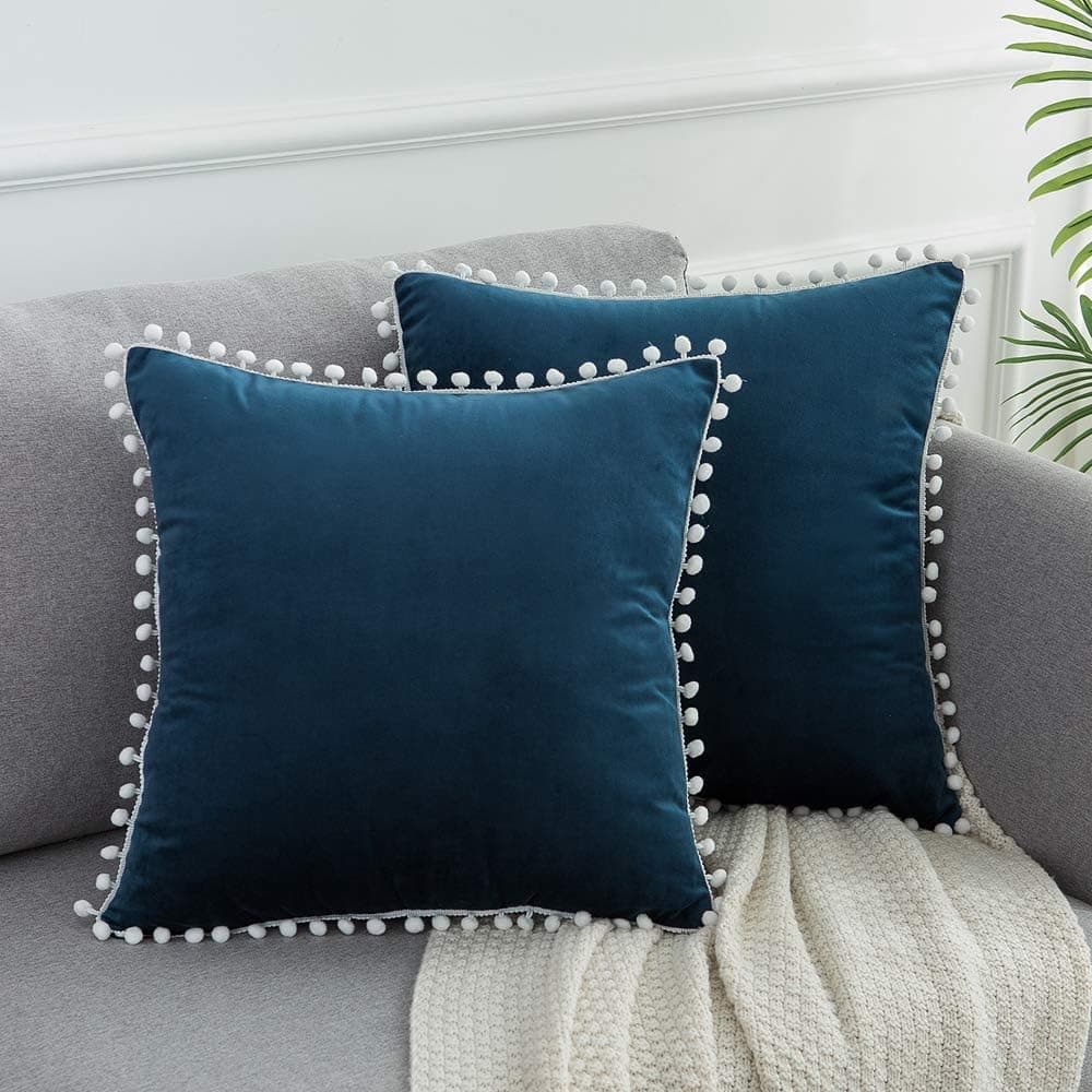WLNUI Christmas Dark Blue Pillow Covers 18x18 Inch Set of 2 Soft Velvet Throw Pillow Covers Square Decorative Cute Pom Poms Cushion Case for Sofa Couch Home Farmhouse Decor