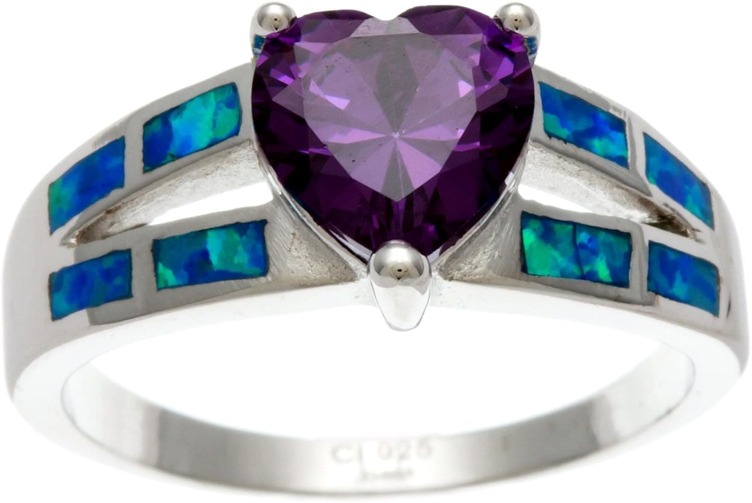 Beaux Bijoux Sterling Silver Created Blue Opal & Amethyst Heart CZ Ring