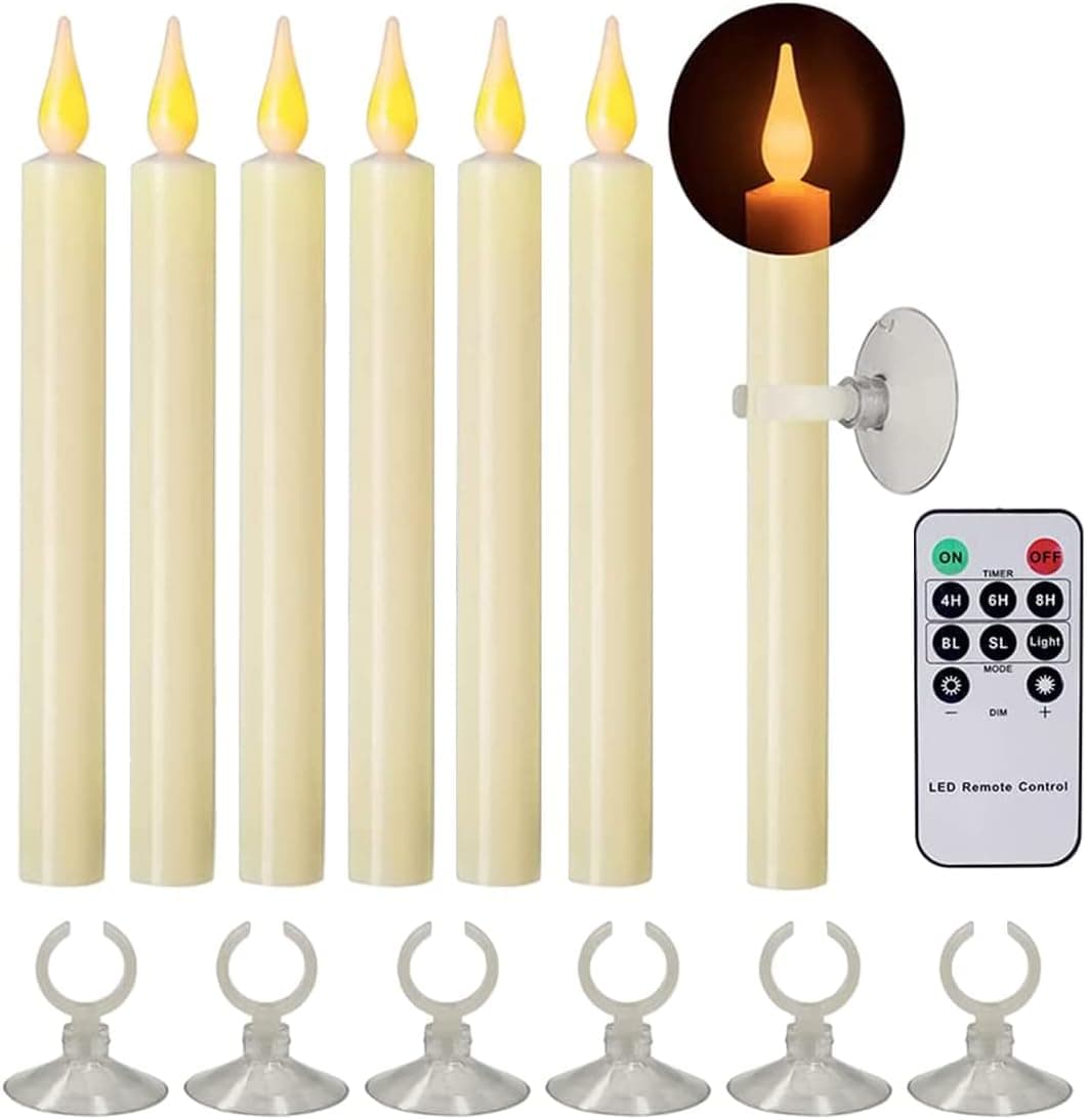 ABMTech Christmas Window Candles with Timer and Remote, Battery Operated Candles Flameless Taper Candles for Christmas Fireplace Halloween Decor (6 Pack)
