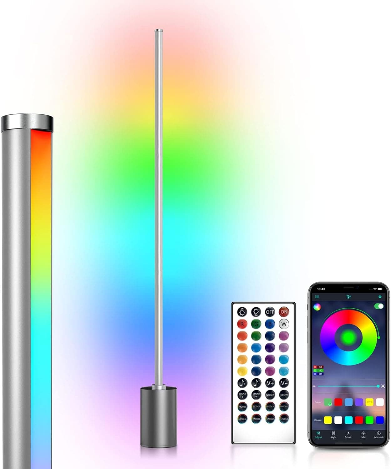 FOCSPROD LED Floor Lamp,LED Corner Lamp,Standing Lamp for Bedroom,Modern Floor Lamps for Living Room,RGB Floor Lamp with Remote,Dimmable Color Changing Floor Lamp,Silver Floor Light with Music Mode