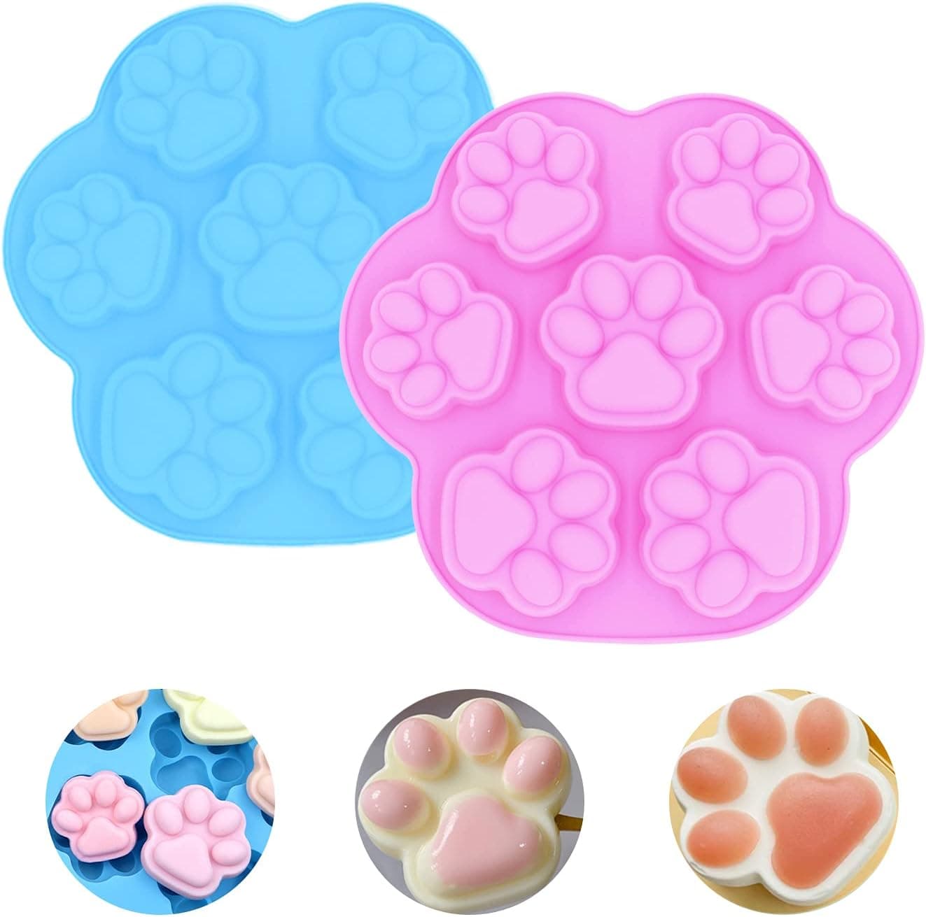 AITINIA 2021 Newest Silicone Molds, 2 Pcs 3D Large Cute Cat Paw Silicone Molds With 7 Cavity, Non-stick Natural Food Grade Silicone Molds for Baking/Candy/Chocolate/Cookie/Jello/Gummy(Pink, Blue)