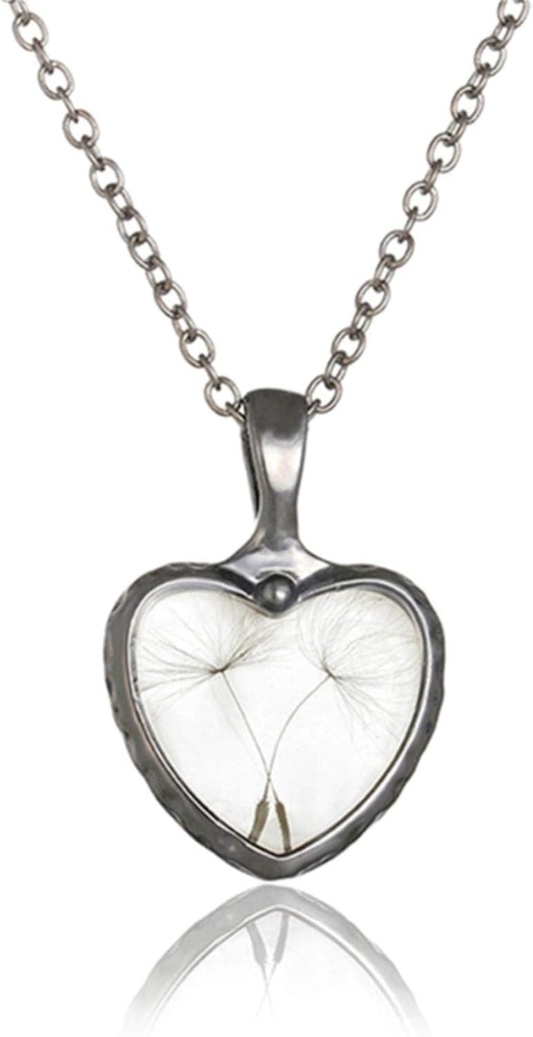 Timetries01 Heart Shaped Glass Dried Pressed Flower Dandelion Chain Double Sided Crystal Glass Ball Pendant Necklace