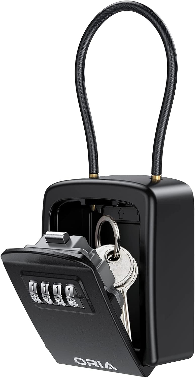 ORIA Key Lock Box, 4 Digit Combination Lock Box, Key Safe Box with Removable Chain for Indoor Outdoor Use, Black