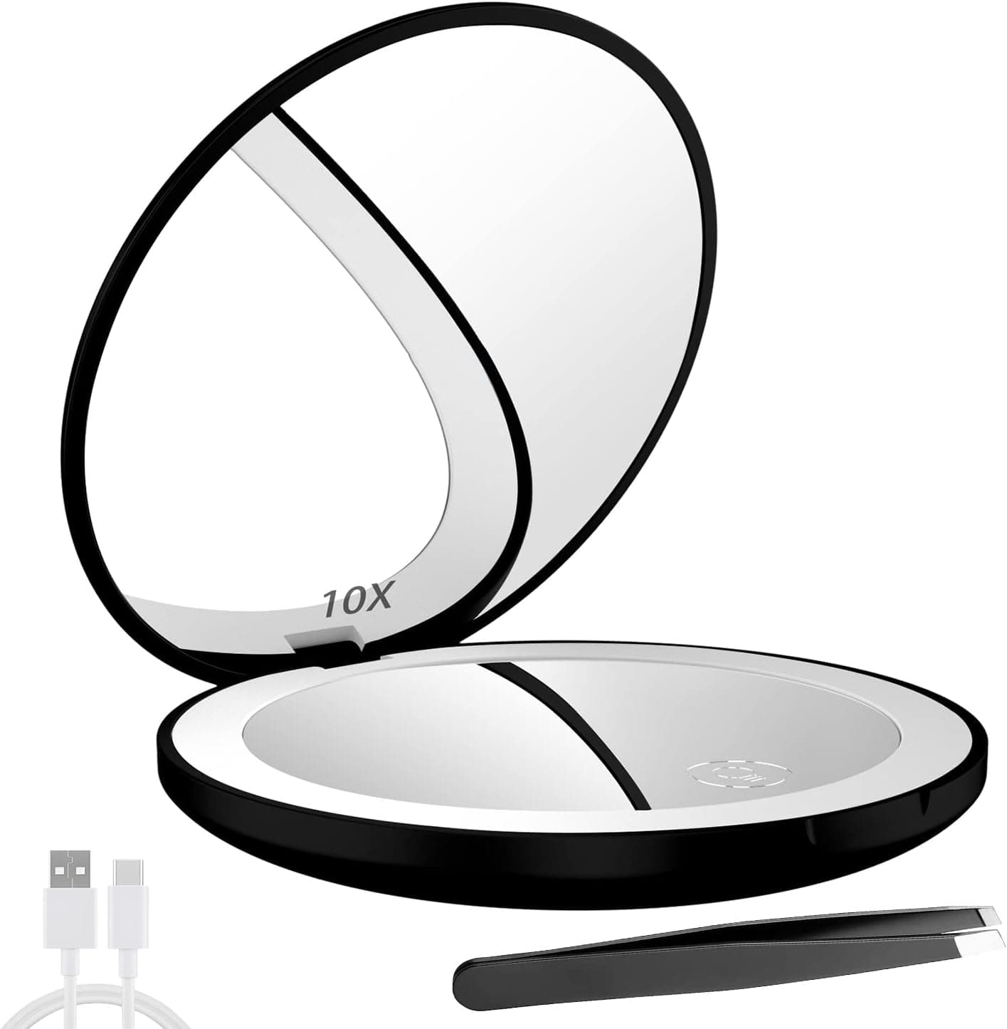 Kilobey LED Lighted Travel Makeup Mirror, 1x/10x Small Compact Magnifying Mirror, Mini Portable Folding Mirror for Purse, 3.5 inch Pocket Mirror, Handheld 2-Sided Mirror, Round, Black