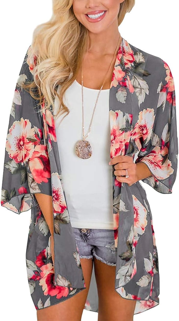 Women's Boho Beach Kimono Cover Ups Tops Floral Chiffon Sheer Thin Summer Cardigans (Medium, Grey)