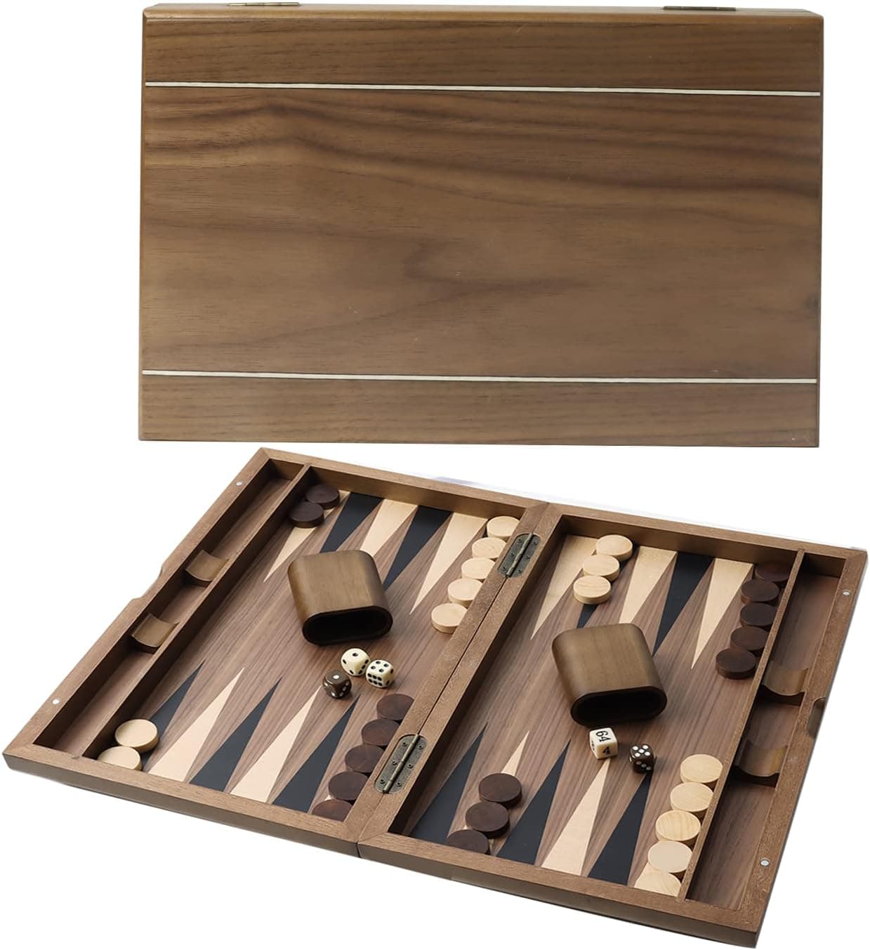 GSE Premium Wooden Folding Inlay Backgammon Board Game Set, Classic Traditional Board Games, Portable Travel Board Game for Kids and Adults (Double Stripe- 17 Inches)