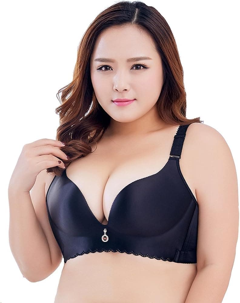 Liangpin Women Bra Push UP Plus Soft Comfy Plunge Wide Band Black 48C