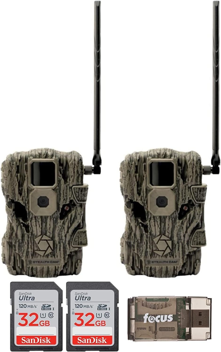 Stealth Cam Fusion 26 MP Wireless Trail Camera (AT&T Cellular) Base (2-Pack) Bundle with Two 32GB SD Cards and Focus USB Card Reader (5 Items) - Ideal Game Camera for Hunting or Monitoring Wildlife