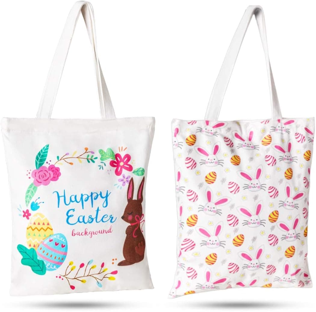 Simind Easter Bunny Large Tote Bag Rabbit Reusable Cotton Canvas Tote Bag, Easter Gift Bag Egg Hunts Carry Basket Handbag for Easter Party,School,Daily Use,2 Pack,15.7" x 13"