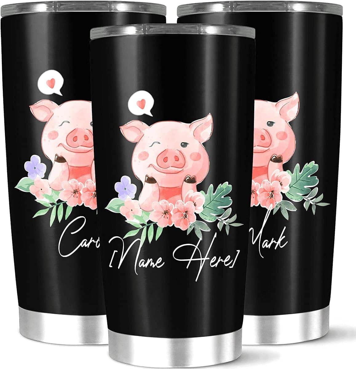 ROSARAN Personalized Coffee Tea Tumbler, Customized Cute Pig Flower Tumbler, Adorable Insulated Tumblers, 20 30 Oz Stainless Steel Tumbler, Unique Birthday Gift For Girlfriend Sister