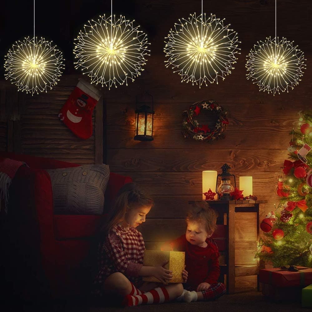 Thomtery Firework Starburst String Hanging Lights, 2 Pack 120 Led Battery Operated Copper Wire Fairy Lights with Remote Control for Parties,Home,Christmas Outdoor Decoration
