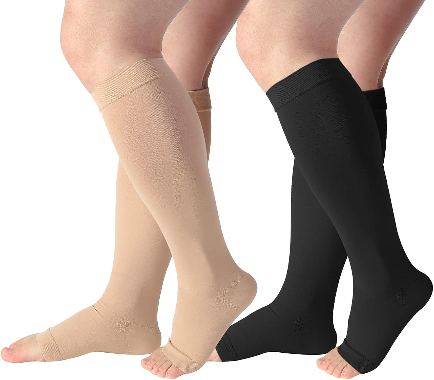 DICCO 2 Pairs Plus Size Compression Socks 20-30mmHg Wide Calf Knee High Open Toe Support Socks for Women & Men Circulation