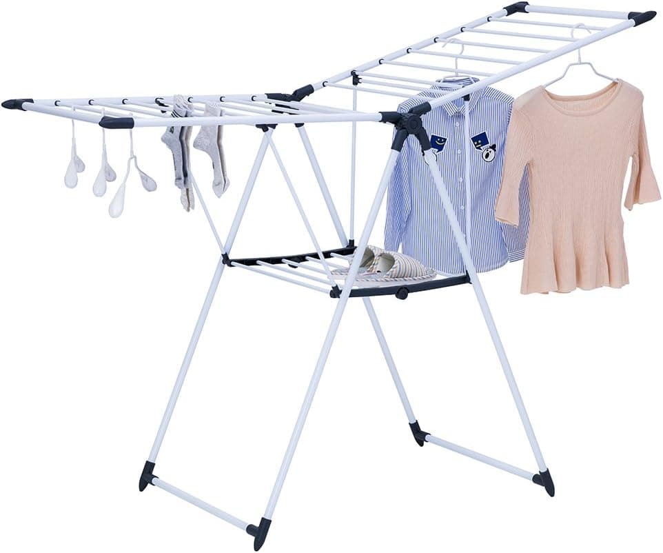 YUBELLES Clothes Drying Rack Adjustable Gullwing Rustproof Foldable Collapsible Durable Laundry Hanging Rack for Indoor Outdoor Use Space-Saving (Dark Gray & Blue)