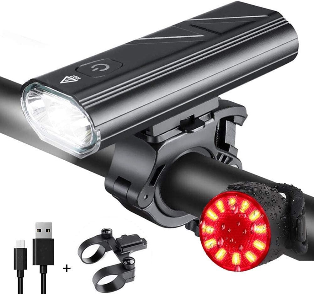 WASAGA Ultra Bright USB Rechargeable Bike Light Set, Powerful Bicycle Front Headlight and Back Rear Safety TailLights, 5 Light Mode Fits All Bicycles, Mountain, Road