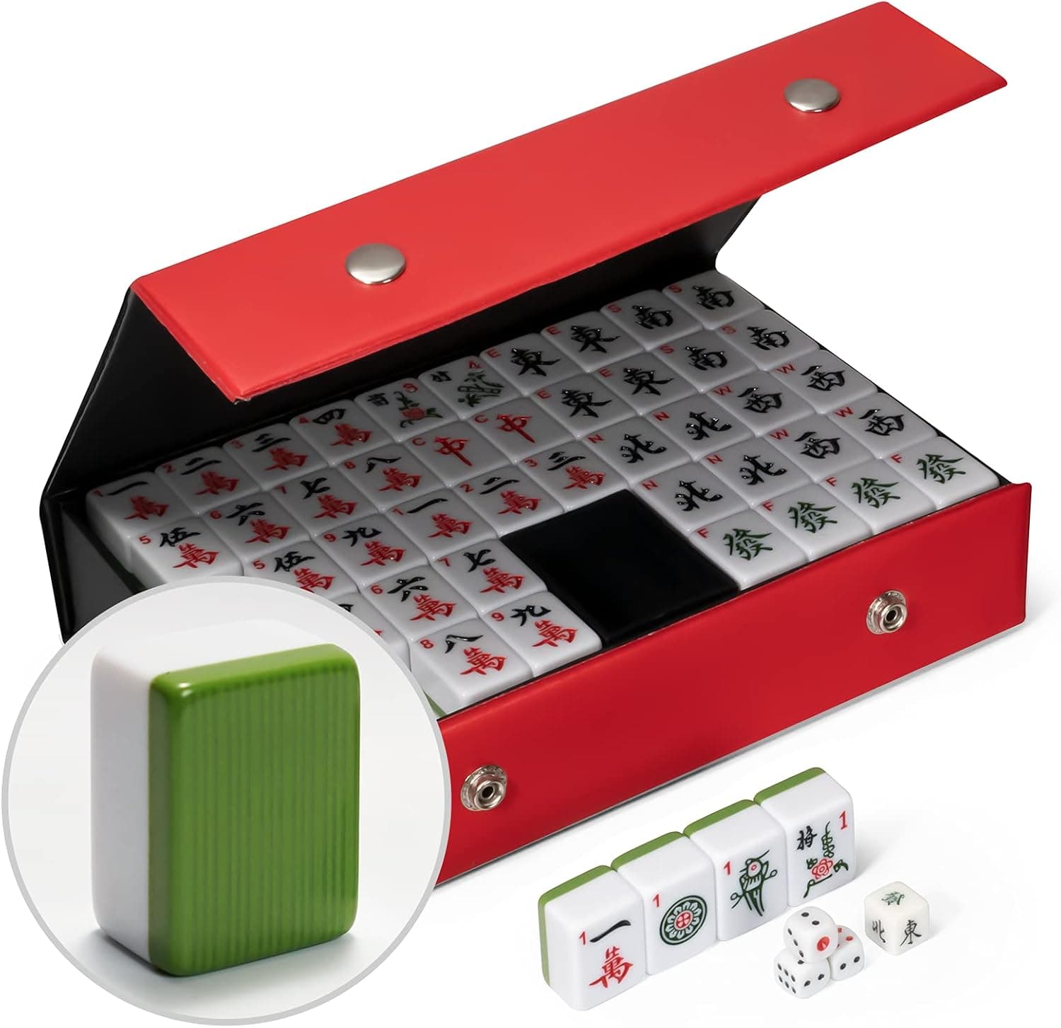 DONGZENG Mahjong Set Chinese Mahjong Set MahJongg Tile Set with Red Case Mahjong Game Sets Large 30mm 144 Tiles 1.18" Acrylic Tiles (Mah Jong, Mah-Jong, Majiang) Random Chips Style [專業中式麻將] (Green)