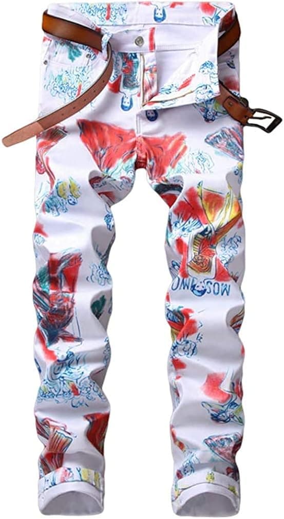 Enrica Men's Casual Printed Jeans Skinny Denim Pants