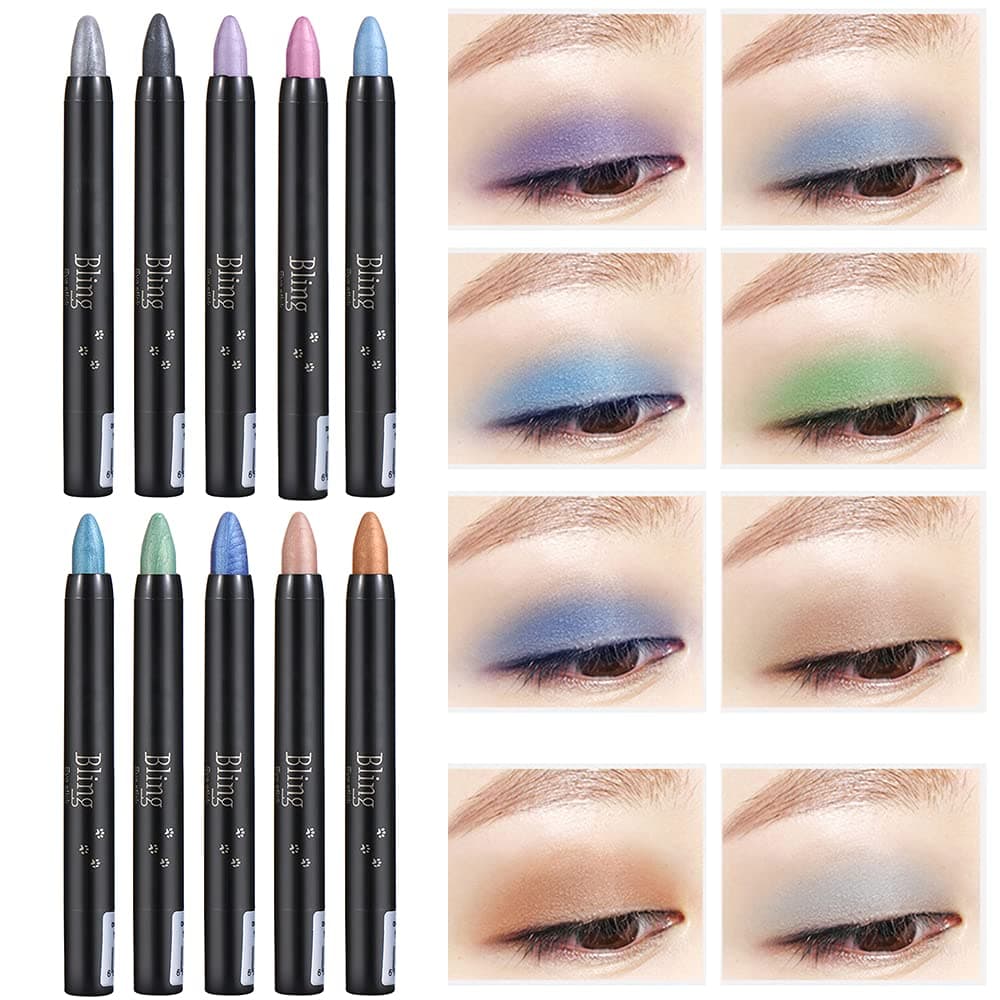 APVTI 10Colors Pearl Eyeshadow Stick, Longlasting Waterproof Sweatproof Shimmer Makeup Pen, Multifuntion Highlighter Effect, Hypoallergenic Makeup Starter Eyeshadow Stick Sets