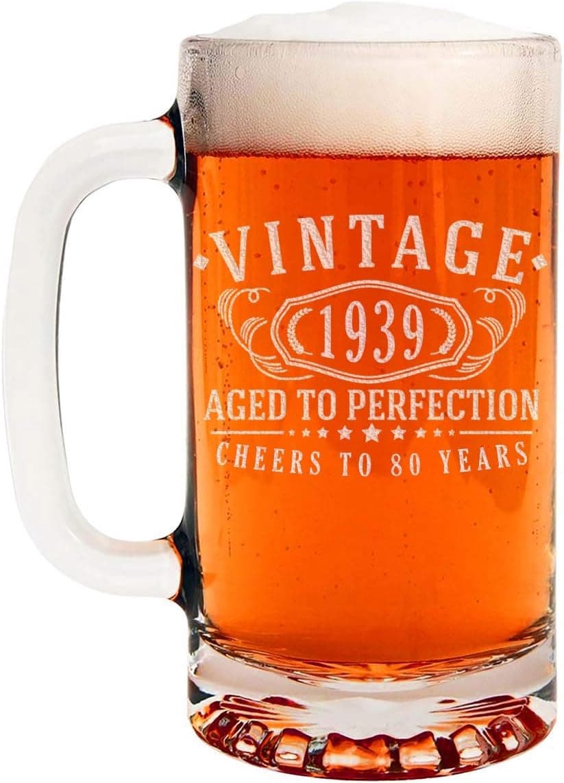Vintage 1939 Etched 16oz Glass Beer Mug - 80th Birthday Aged to Perfection - 80 years old gifts