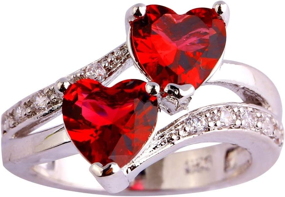 Emsione Vintage 925 Sterling Silver Plated Halo CZ Double Heart Created Blue&White Topaz Love Wedding Promise Ring