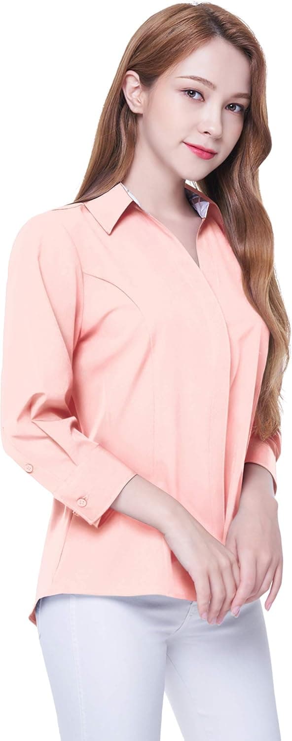 Women's Button Down Shirt 4-Way Stretch V Neck Blouse Wrinkle Resistant & Breathable 3/4 Sleeve Collared Work Top