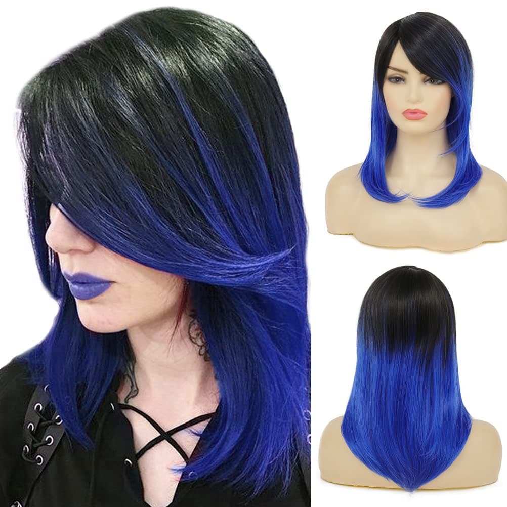 Sallcks Womens Ombre Black Blue Wig Medium Long Straight Natural Looking Side Part Synthetic Full Wigs for Daily Party Halloween