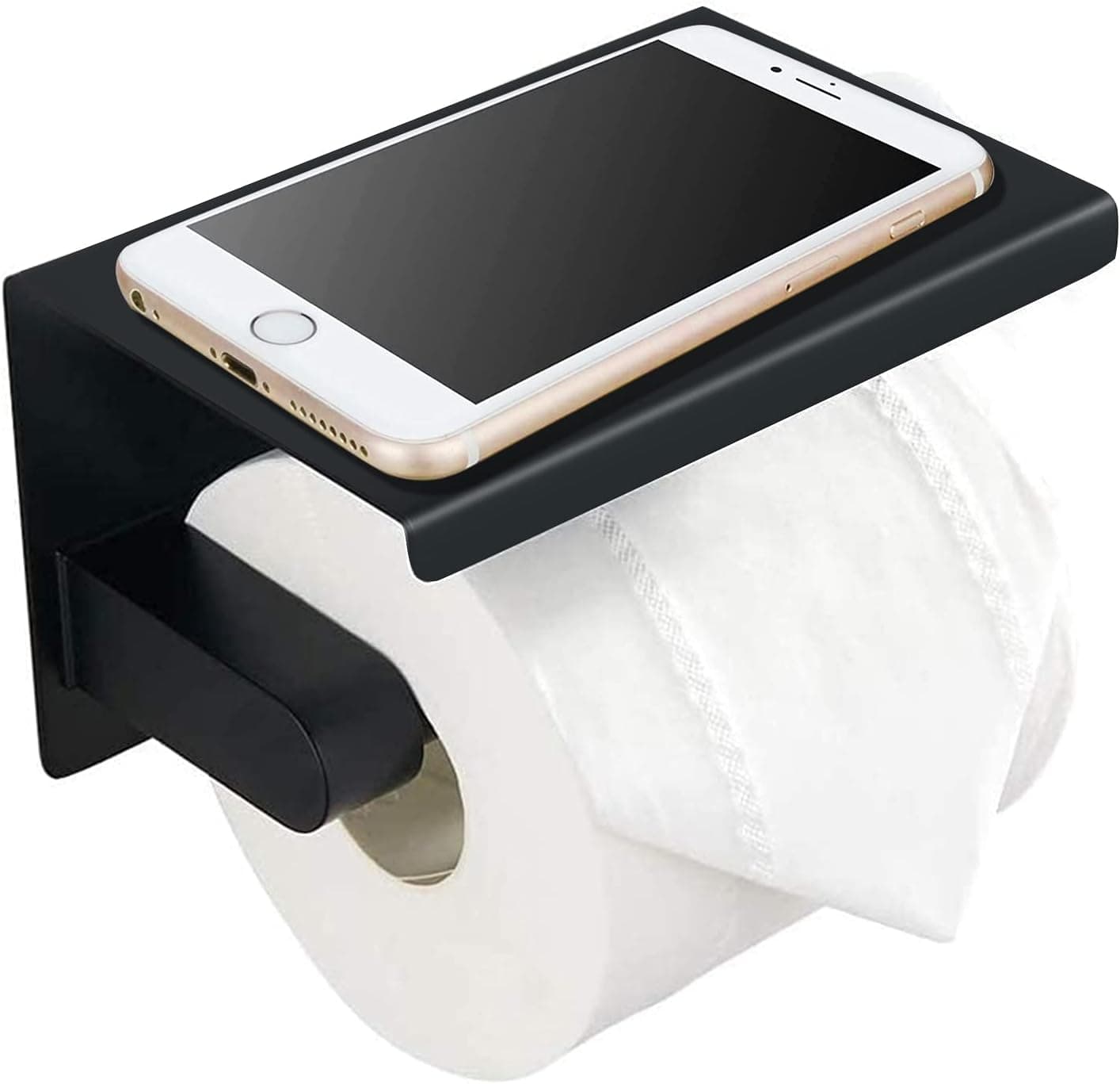 Toilet Paper Holder with Shelf, SUS 304 Stainless Steel Wall Mounted Toilet Paper Roll Holder Rustproof Bathroom Washroom Tissue Roll Holder, Self Adhesive or Drilling with Screws - Black Matte
